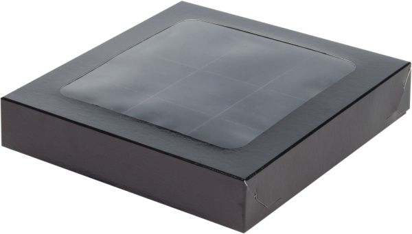 коробка бум. 155х155х30 для 9 конфет черная матовая с окном